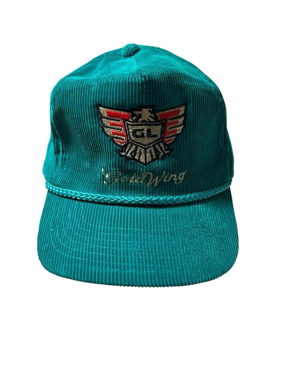 Vintage Corduroy Trucker Hat Cap Strapback Amapro 80s Teal Blue Goldwing Eagle